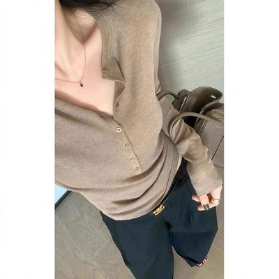 Button Half Open Neck Ice Silk Knitted Long-sleeved T-shirt Women's Summer Thin Soft Waxy Slim Slim Bottom Top