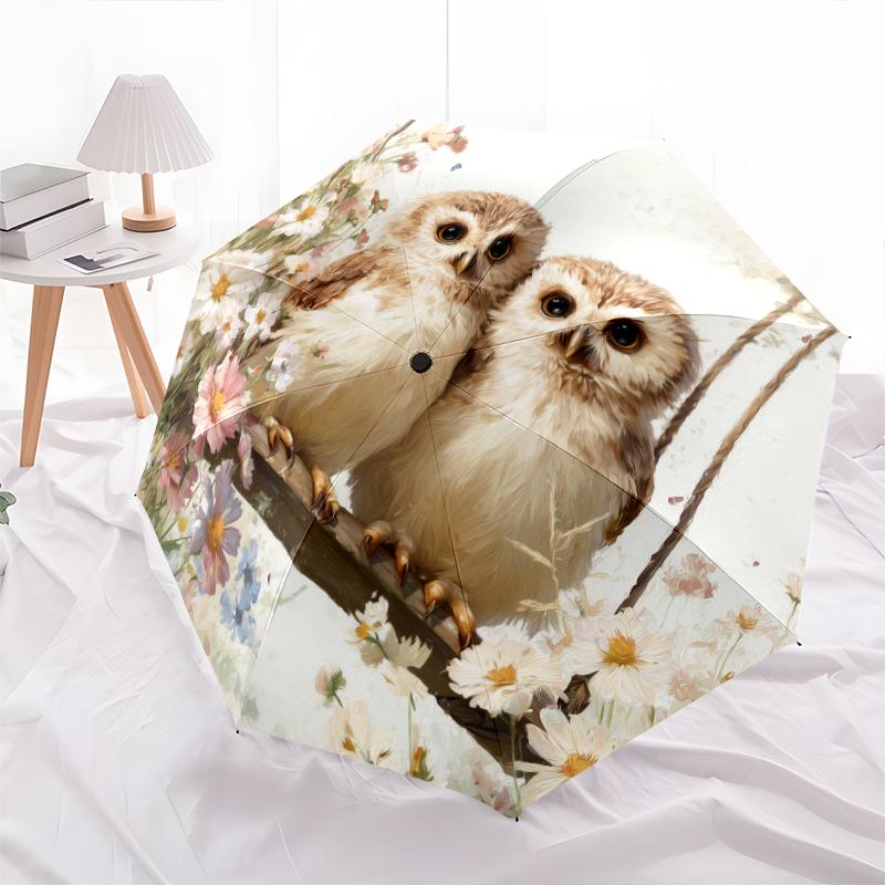 Owl and Flower pattern, automatic folding umbrella, portable and foldable design, 8 ribs, a Christmas or birthday gift.