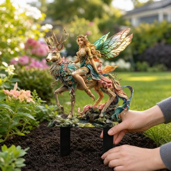Fairy Deer Garden Stake, 2D Acrylic Fairy Tale Yard Art Stake, Forest Fairy Riding Deer Outdoor Decoration for Lawn Flower Bed Planter