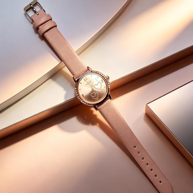 Rhinestone Heart Women's Watch Leather Strap Quartz Fashion Minimalist Wristwatch