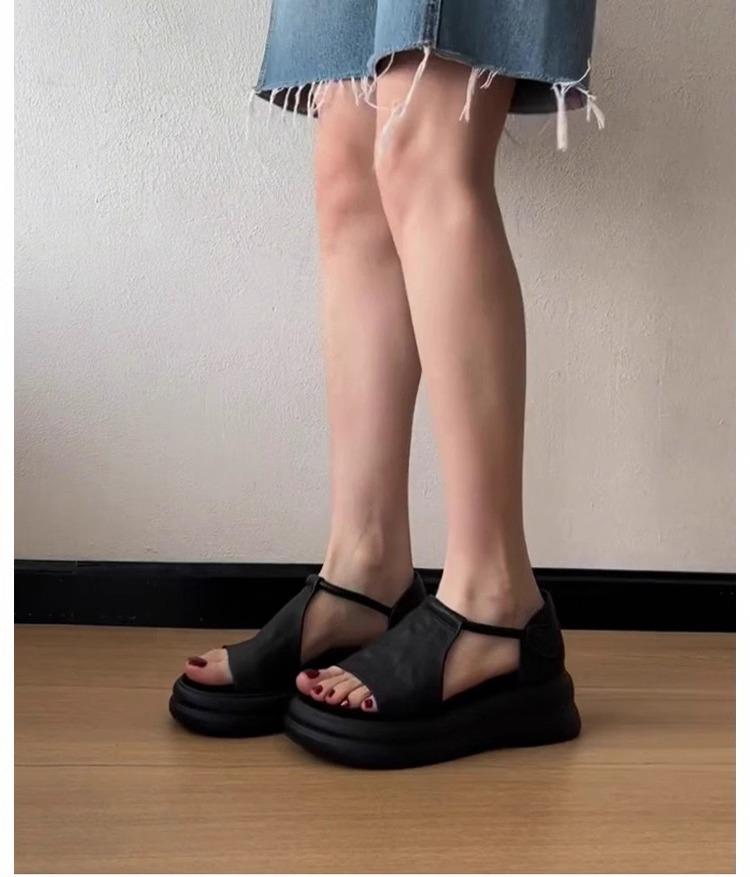 Super soft lambskin~ retro casual heightening platform sandals women's summer skirt beautiful versatile soft-soled Roman shoes