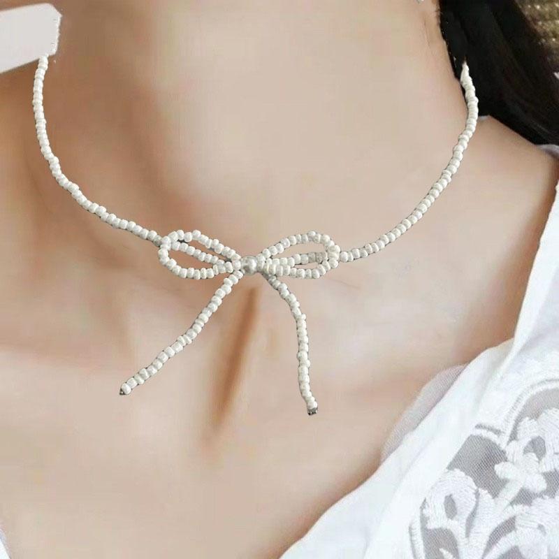 Korean Fashion Knotbow Choker Necklace for Girl Trendy Romantic Handmade Rice Beads Short Neck Jewelry Gift for Friend