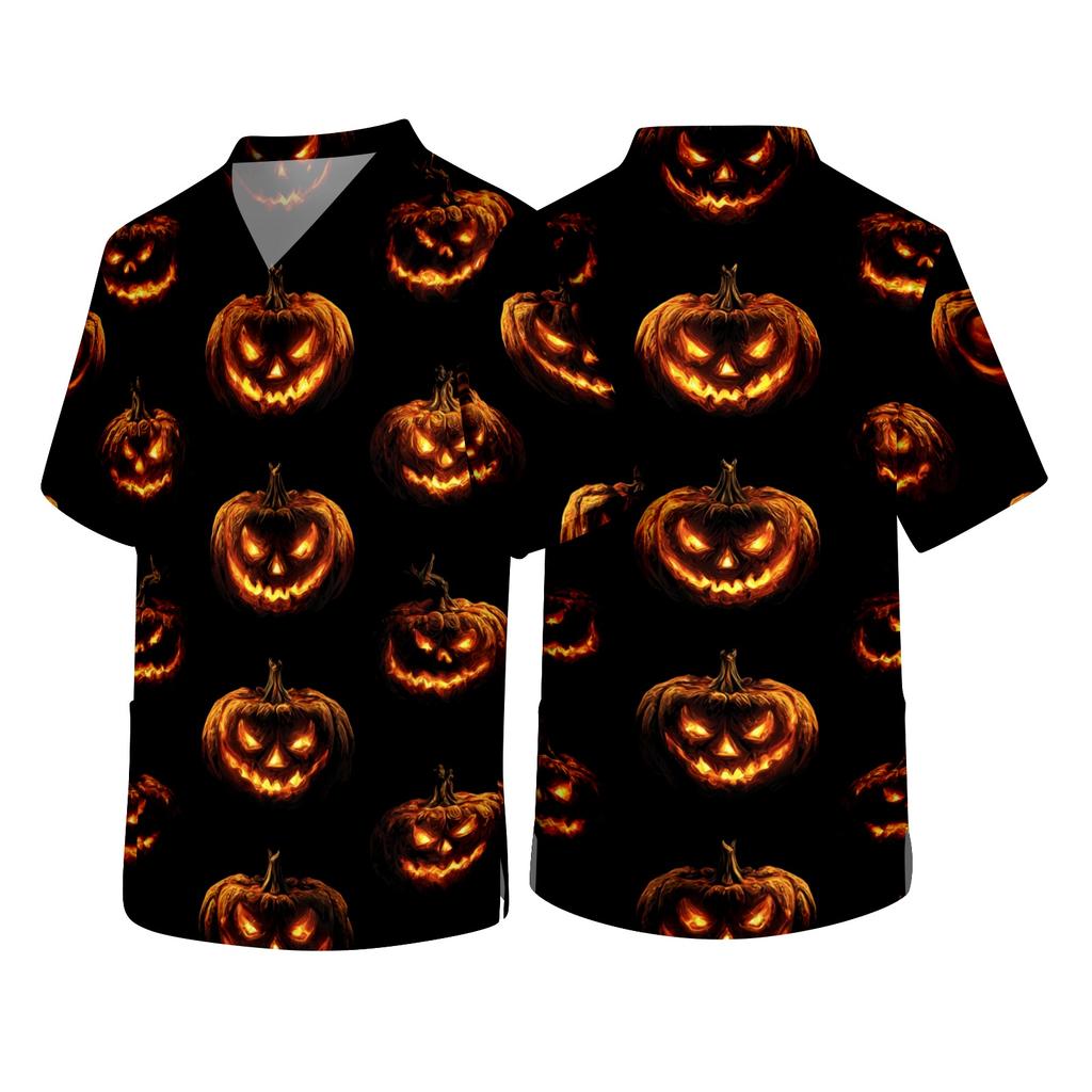 Men's Short Sleeve V Neck Halloween Print Medical Scrub Top with Chest Pocket Suitable for Healthcare Professionals and Caregivers