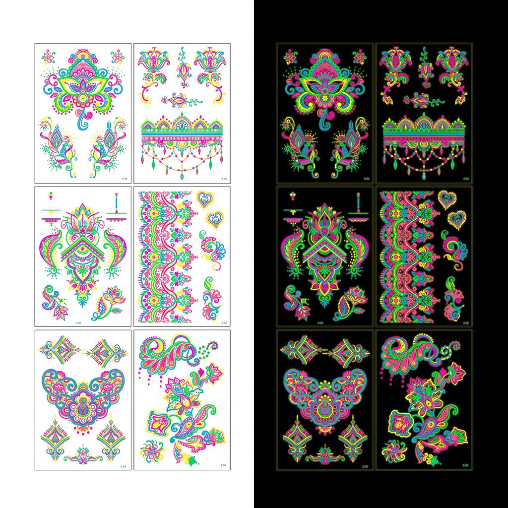 Butterfly Designs 6sheets/set Fake Tattoos Waterproof Face Flash Temporary Tattoo Stickers Blacklight Body And Glow-in-the-dark For  Home