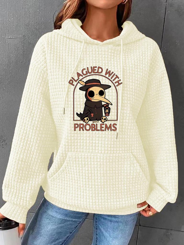 Women's Waffle Knit Halloween Hooded Sweatshirt with Kangaroo Pocket - Autumn/Winter, European Size