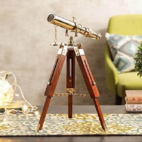 

Handmade Nautical Floor Standing Style Brass Marine Telescope with Wooden Tripod Stand Showpiece Golden