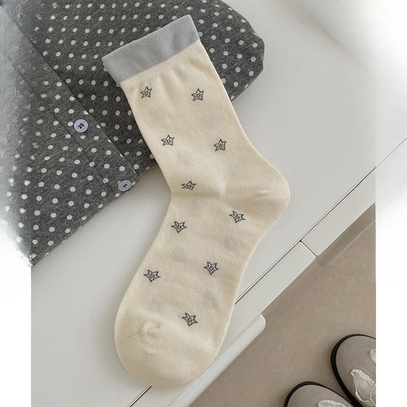 Cream-colored Mid-calf Socks, Cute Pile Socks, Spring-autumn Simple Cartoon Pile Socks