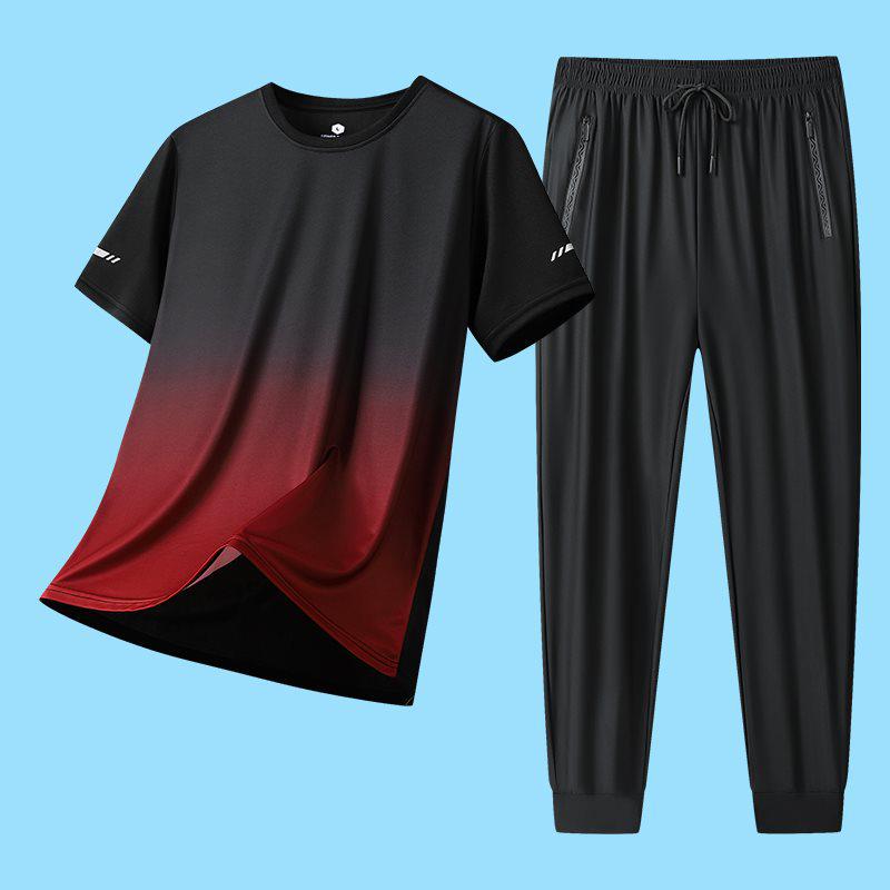 2026 Summer Men's Ice Silk Casual Sports Set: Round Neck Short Sleeve & Long Pants