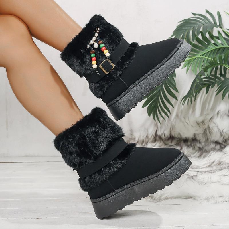 Winter Large Size Beaded Wool Thickened Cotton Shoes Women's Cross-border Round Head Plush Thick-soled Warm Snow Boots