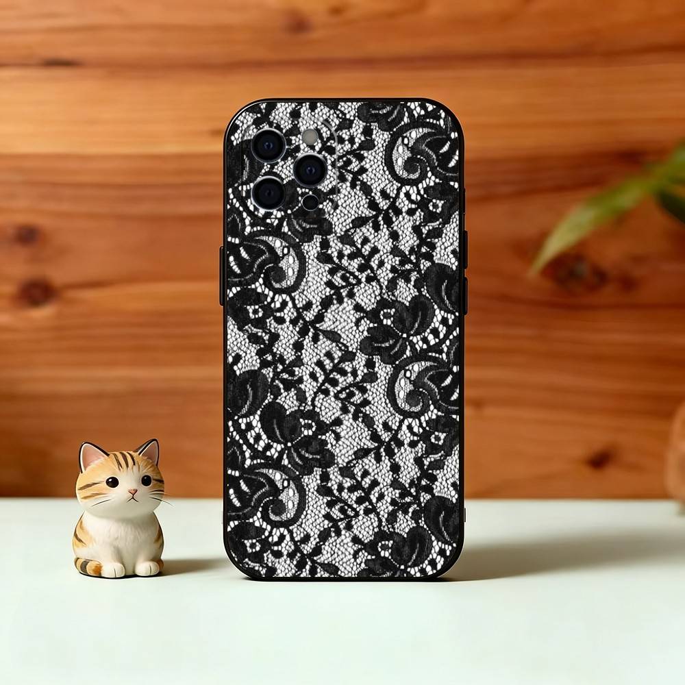B-Black lace print Phone Case For iPhone 17,16,15,14,13,12,11 Plus,Pro Max,XS,Soft Silicone Black Cover