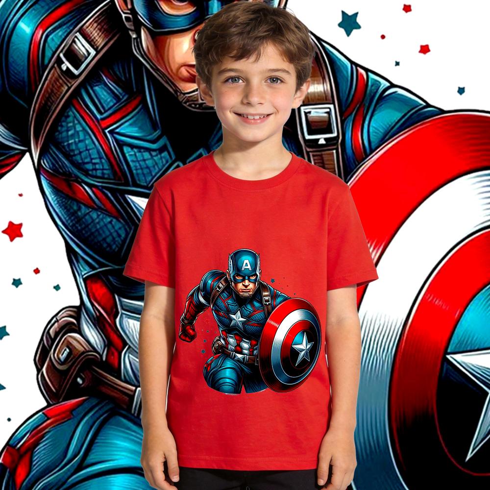 Captain America Charge Print Boys Girls Kids  T Shirt Casual Summer Top Soft Breathable