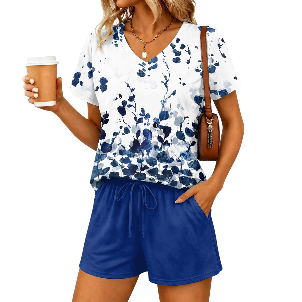 Women Two Piece Set V Neck Short Sleeve Top with Floral Print and Elastic Waist Drawstring Shorts Casual Lounge Wear