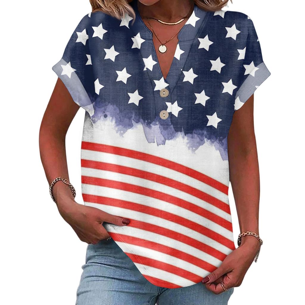 Women's Casual Fashion V-Neck Button Independence Day Print Short Sleeve Top