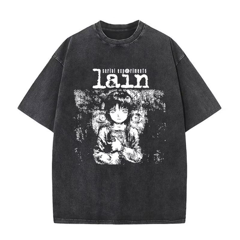 Anime Giapponese Seriale EsperiUnisexts Lain Vintage Lavato Maglietta Unisexga Iwakura Ragazza Sci Fi T-shirt Unisex Cotone Casuale Maglietta