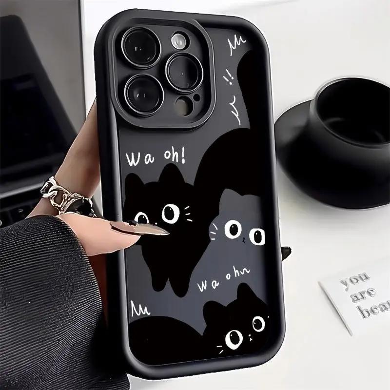 Cartoon Little Black Cat Cute Couple Phone Case For iPhone 16 15 14 13 PRO MAX 11 12 X XS XR 7 8 Plus Mini Y2k Shockproof Cover