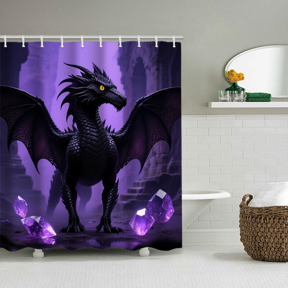 1/4 Duschvorhänge mit doppeltem Drachenkopf-Druck, Toilettensitzdekoration, Duschvorhang mit Teppich und Toilettendeckel, 70,8x70,8 Zoll