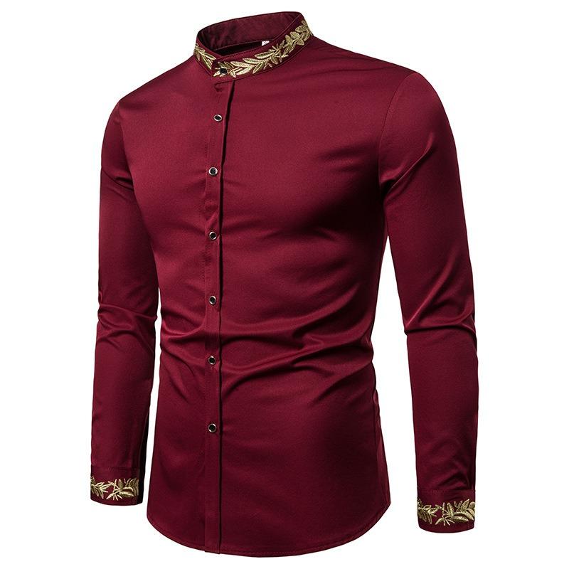 Camisa Casual de Manga Larga con Cuello Alto Bordado de Moda para Hombre Talla Europea