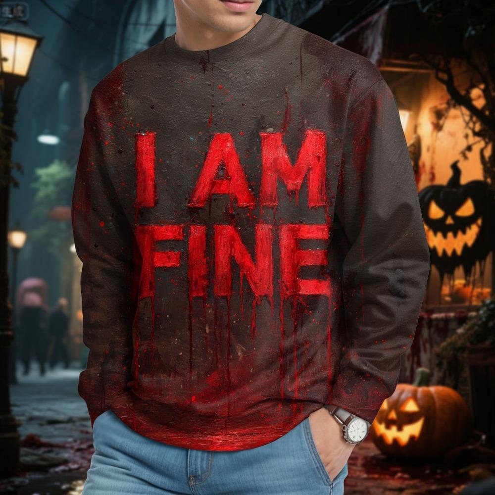 Men Men's Halloween Bloody I AM FINE Letter Printed Crew Neck Hooded Sweatshirt Long Men Cotton Sweat Suits