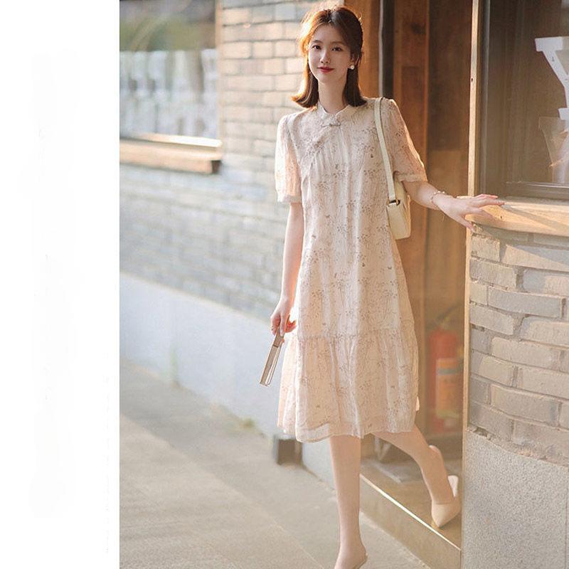 

Летнее модное женское платье Cheongsam с цветочным принтом и длинным рукавом
