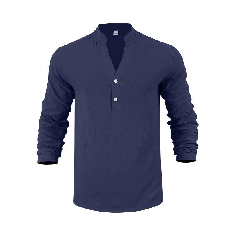 Linen Shirt Stand Collar Button-Up Men's Loose-Fit Casual Breathable V-Neck Henley Long-Sleeved T-Shirt for Men