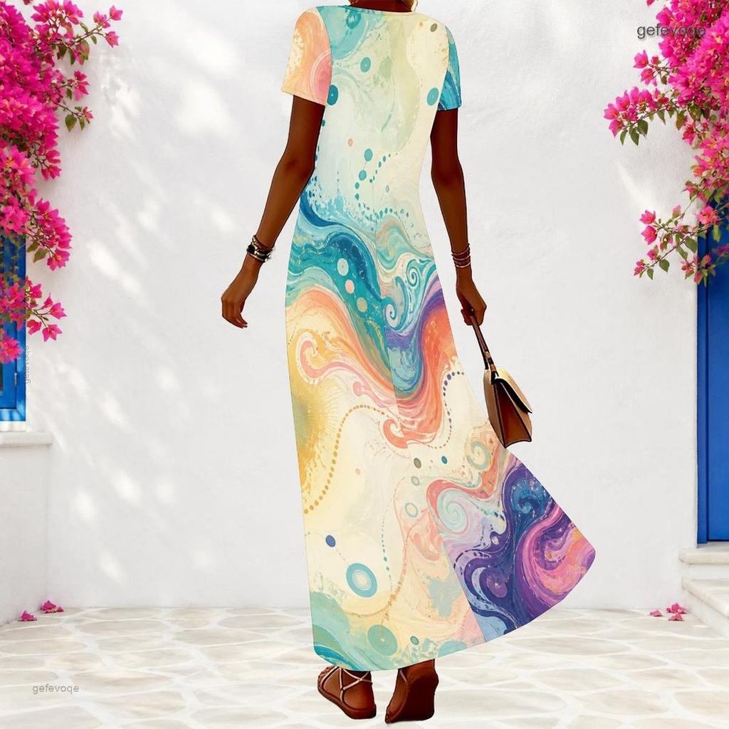 Women Plus Size Abstract Printed Red Black V Neck Short Sleeve Long Dress