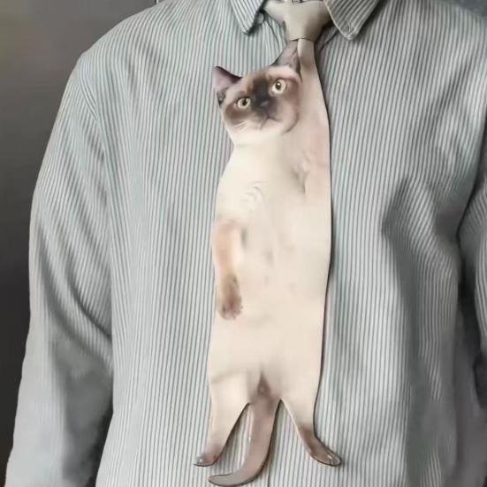 Men Tie Realistic 3D Cat Pattern Smooth Feel Neck Tie Funny Kitten Design Tie Weddings Parties Office Wear