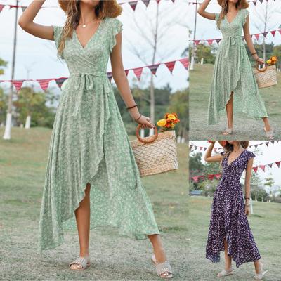 Women's Summer Floral High Waist Bohemian Dress Casual Hawaiian Flowing V Neck Holiday Dress