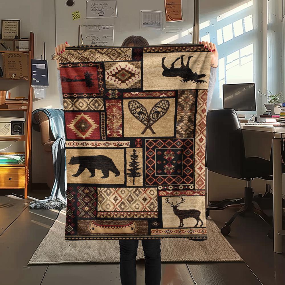 

1Pc Cabin Bear Print Flannel Blanket, High quality Comfortable for All Seasons, Home Decor, Warmth and Comfort, Perfect for Gifts 80cm x 120cm