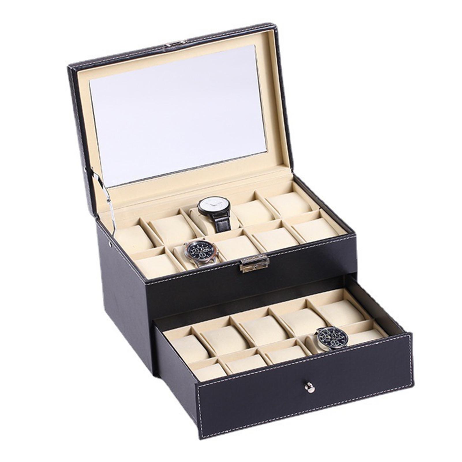 

Двухслойная коробка для хранения часов, фланелевая подкладка, фиксированная буферная пряжка, замок, верхнее стекло
