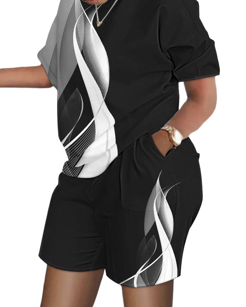 Damen Lässiges Kurzarm-Outfit 2024 Sommer Mode Buchstabendruck O-Ausschnitt Tasche Anzug Damen T-Shirt Oberteil Shorts Zweiteiliges Set XL