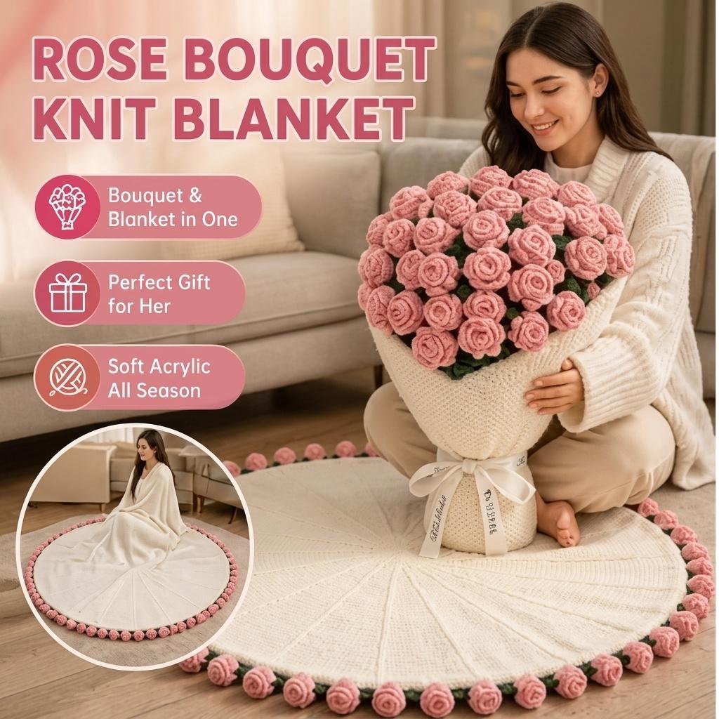 60/80/110/160cm Finished Rose Bouquet Blanket Knitted Nap Throw Blanket Gift for Girlfriend Best Friend Holiday Present with Gift bag