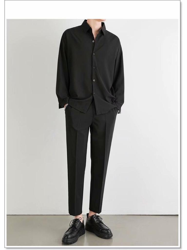 Men's Summer Ice Silk Long-Sleeve Black Drape Shirt - Wrinkle-Free, Loose, Casual, Handsome Gray Style