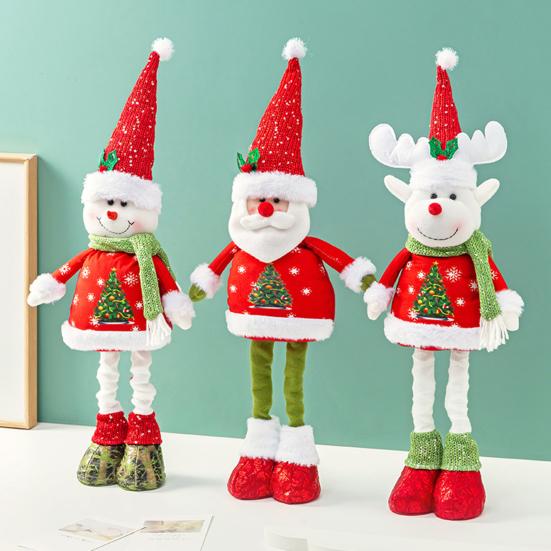 Christmas Doll Decoration Retractable Long Legs Plush Santa/Snowman/Reindeer Doll Toy Tabletop