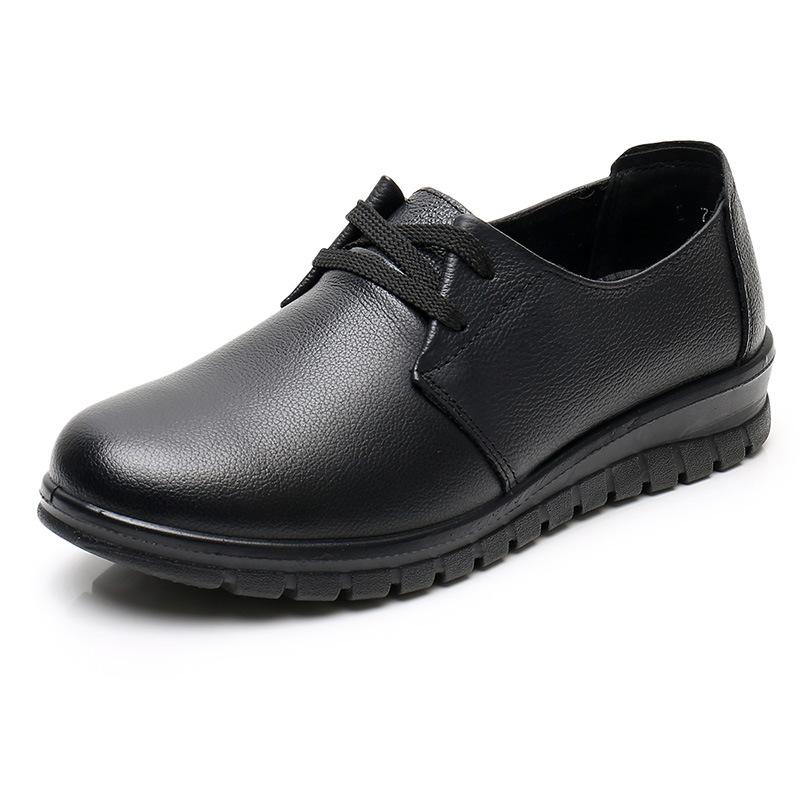 Fashion Spring breathable soft flat sole elderly leather shoes solid color women's casual lace up anti slip comfortable single shoe