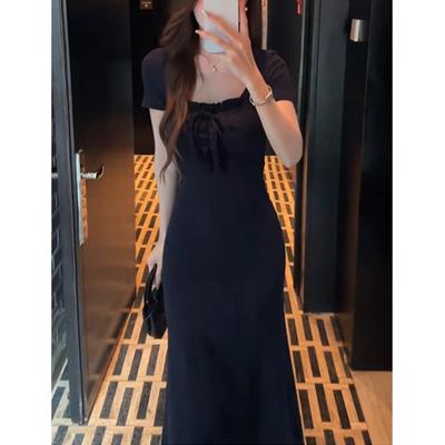 Navy Blue Square Neck Dress Solid Color Slim-fitting Waist-wrapped Hips Fishtail Long Skirt