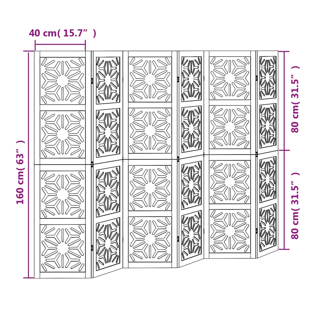 6 Piece Room Divider In Brown and Black Solid Paulownia Wood