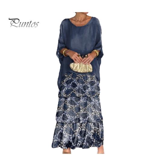 Abendkleid, mehrlagiges, verstreutes Kuchensaum, Kontrastfarbdruck, Maxikleid mit halblangen Ärmeln, Fledermausärmeln, weites Chiffonkleid mit Rundhalsausschnitt für Party und Abschlussball