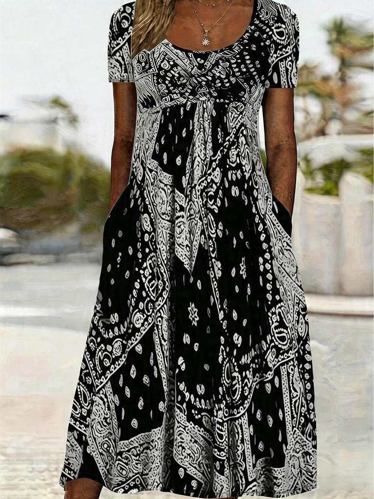Europäisches & Amerikanisches Sommer Retro Print Mittelhoher Taillenlanger Kleid - Kurzarm, Rundhalsausschnitt, Bequemer Lässiger Stil Pullover