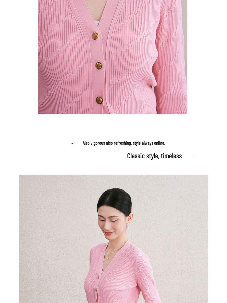 2025 Autumn/Winter V-neck Long Sleeve Single-Breasted Diagonal Stripe Knit Cardigan Outerwear