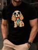 Unisex Royal Blue Cotton Tee Cool Spaniel Dog Sunglasses Tie Graphic Short Sleeve Loose Street Top For Pet Loving Young Adult Males