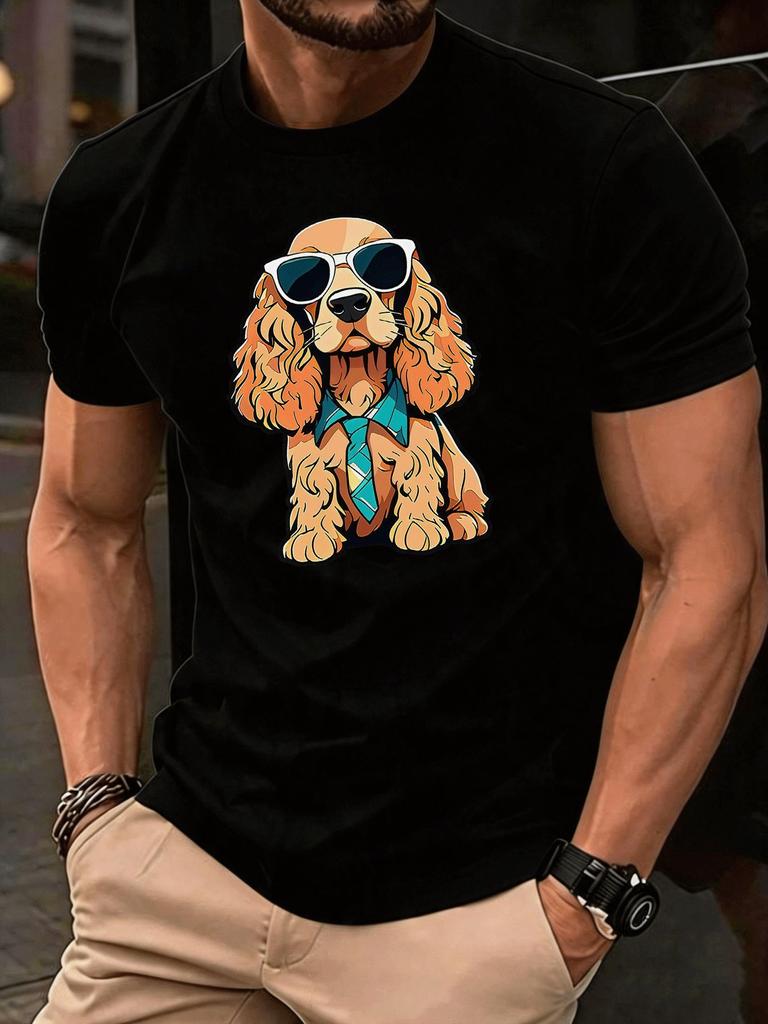 Unisex Royal Blue Cotton Tee Cool Spaniel Dog Sunglasses Tie Graphic Short Sleeve Loose Street Top For Pet Loving Young Adult Males