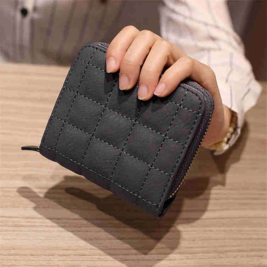 Females Short Wallets PU Leather Plaid Purses Card Holder Wallet Zipper Wallet Coin Purse