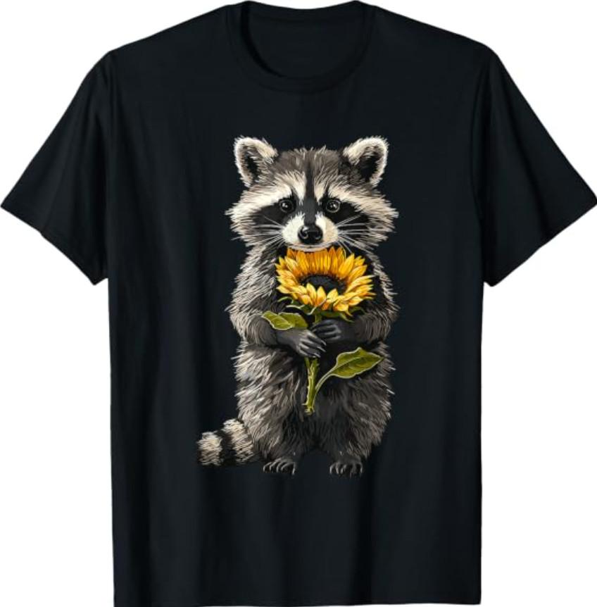 Raccoon Holding Sunflower Cute Flower Mothers Day T-Shirt