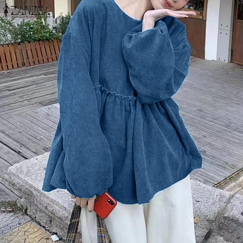 

ZANZEA женская однотонная свободная вельветовая блузка с круглым вырезом и длинными рукавами, гофрированной деревянной отделкой ушей и подолом