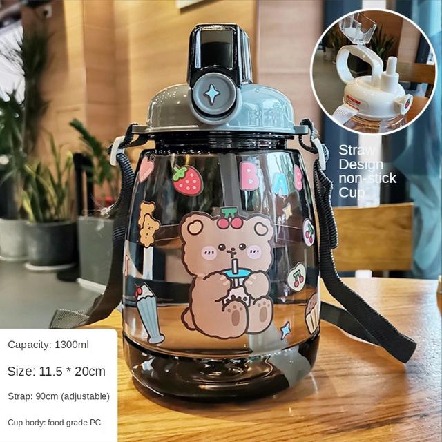 1300 ML Large Capacity Outdoor Sports Water Bottle with Straw Strap Creative Cute Sticker Portable Plastic Kids Sippy Water Cup