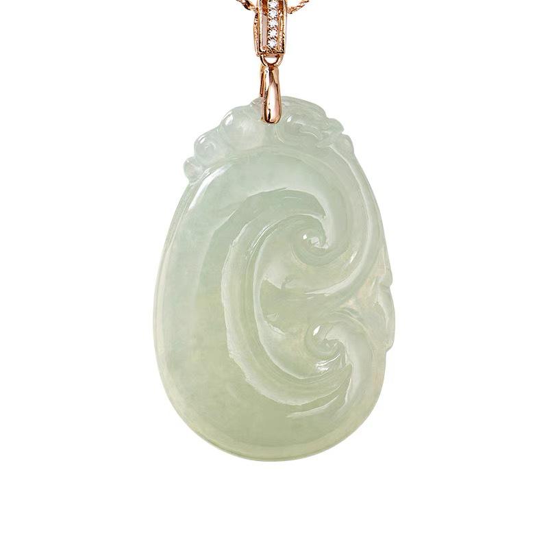 Light Green Treated Jadeite Ruyi Pendant Necklace for Women with S925 Sterling Silver