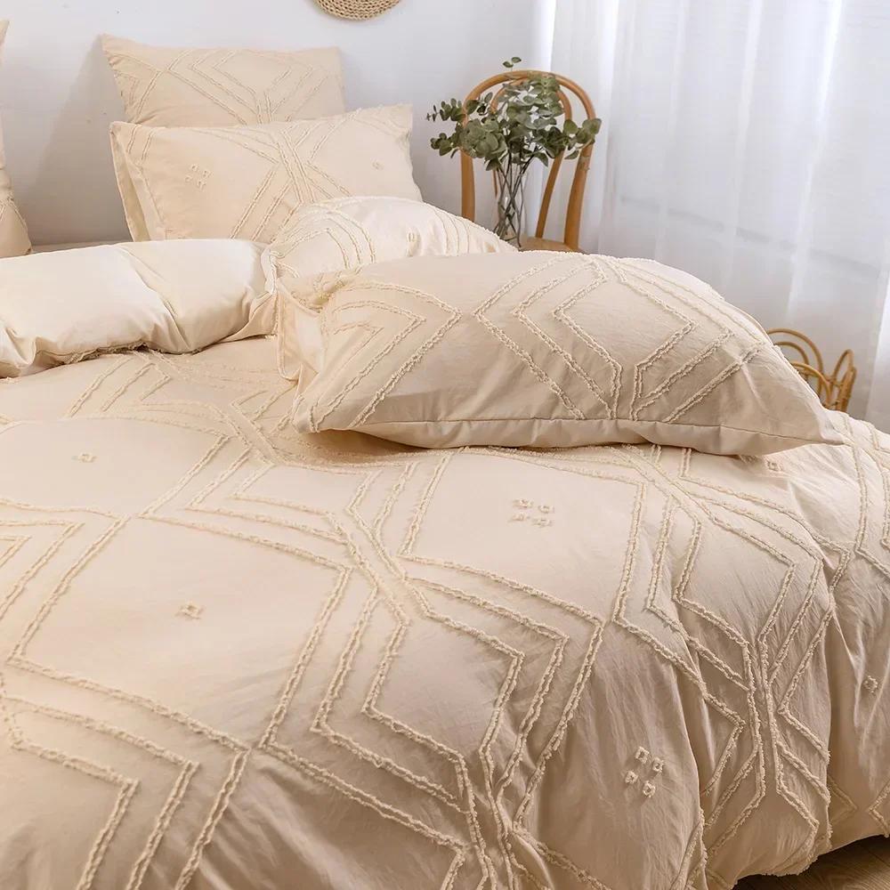 3PCS/set Khaki Tufted Duvet Cover Set Line Comforter Cover Geometric Bed Set Lightweight Down Bedding Set for All Season
