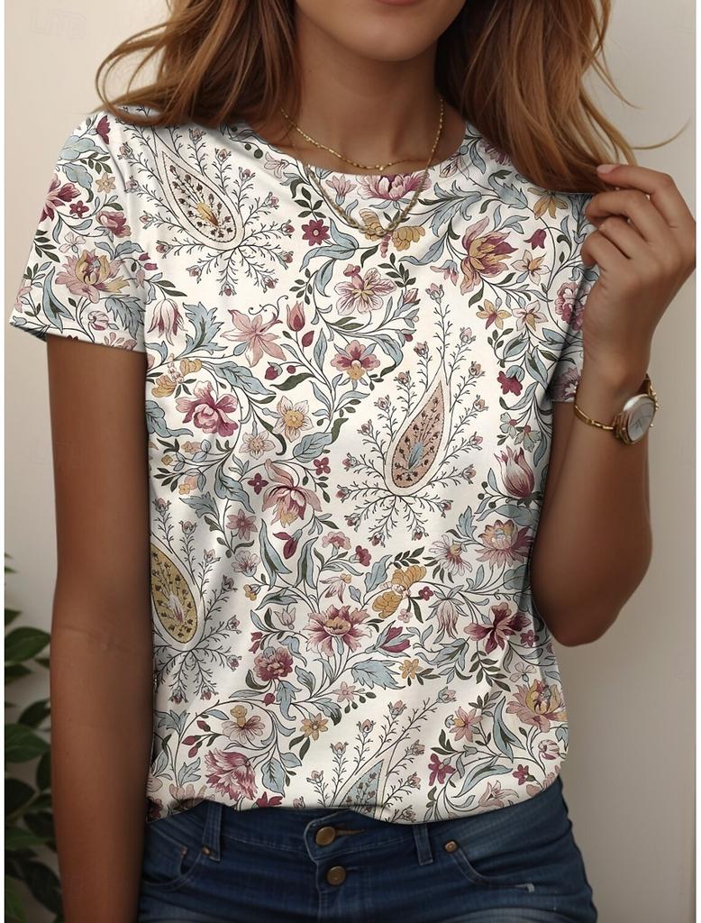 Women's T Shirt Graphic Paisley Vintage Stylish Casual Short Sleeve Crew Neck Regular Tops Daily Weekend Beach Wear Print Summer