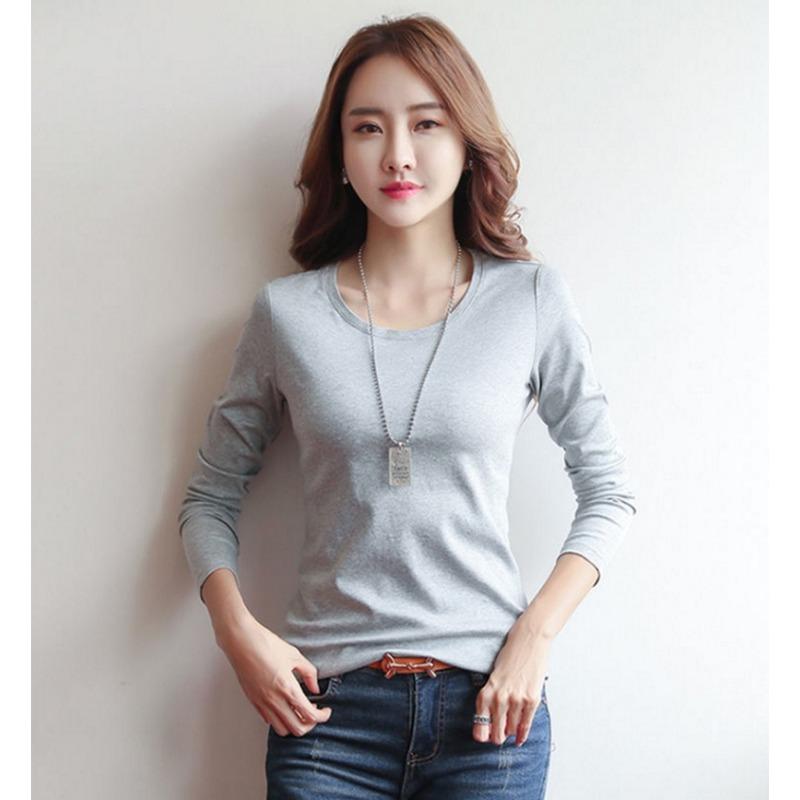 Round Neck Solid Color Long Sleeved Women's T-shirt