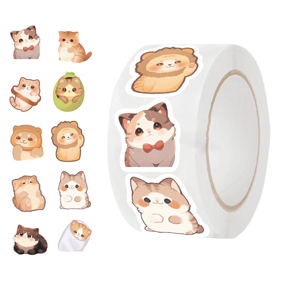 500 Pieces/roll Roll Sticker Tape Big-eyed Cat Sticker Handbook Material Decorative Envelope Seal Sticker